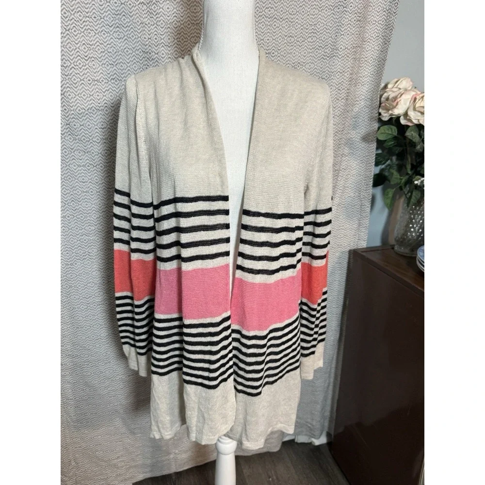 J Jill Tan Black Pink Knit Lightweight Open Cardigan Striped Linen Cotton Medium